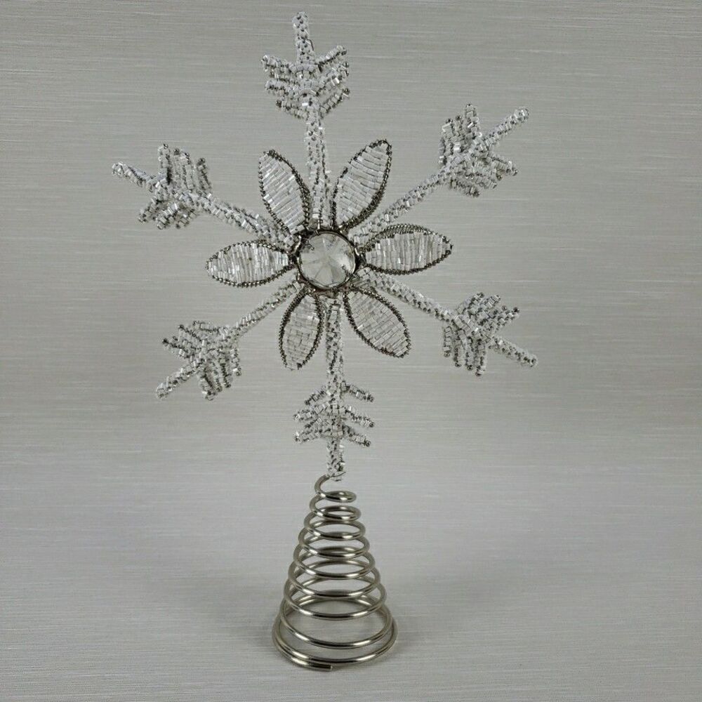 White Beaded Snowflake Star Tree Topper 11” Silver Tone Elegant Christmas Winter